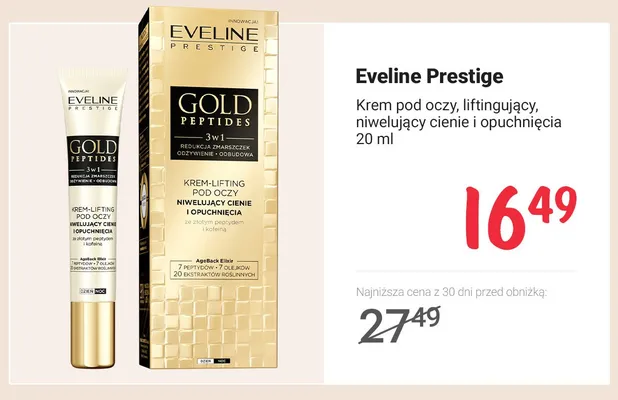 Krem pod oczy liftingujący niwelujący cienie i opuchnięcia Eveline Prestige Gold Peptides promocja w Rossmann