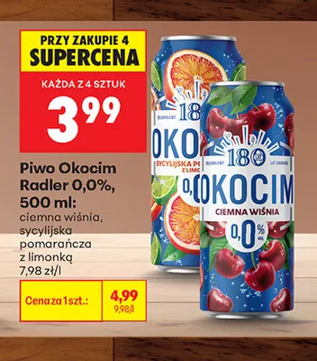 Piwo bezalkoholowe Okocim Radler ciemna wiśnia promocja w Biedronka