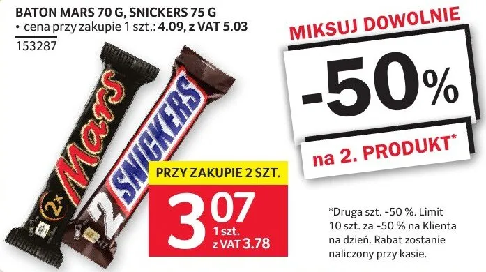 Baton Mars 70g, Snickers 75g promocja w Selgros