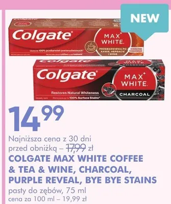 Pasta do zębów colgate max white coffee & tea & wine, charcoal, purple reveal, bye bye stains promocja w Super-Pharm