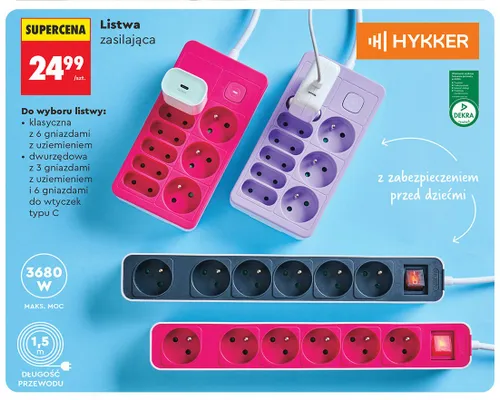 Listwa zasilająca dwurzędowa Hykker promocja w Biedronka