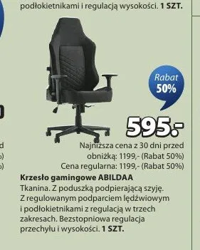Krzesło gamingowe ABILDAA tkanina z poduszką podpierającą szyję z regulowanym podparciem lędźwiowym i podłokietnikami z regulacją w trzech zakresach bezstopniowa regulacja przechyłu i wysokości promocja w Jysk