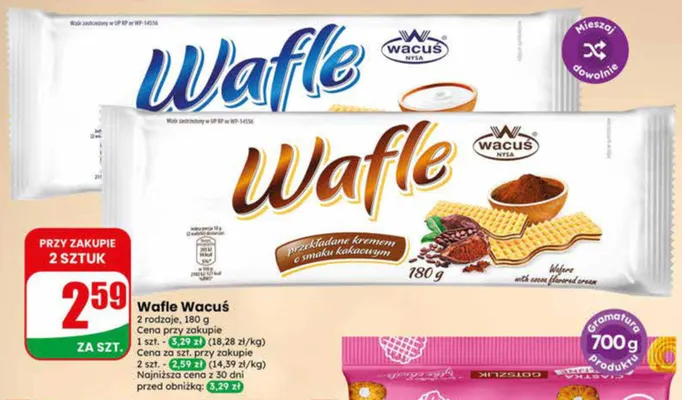 Wafle Wacuś o smaku kakaowym promocja w Dino