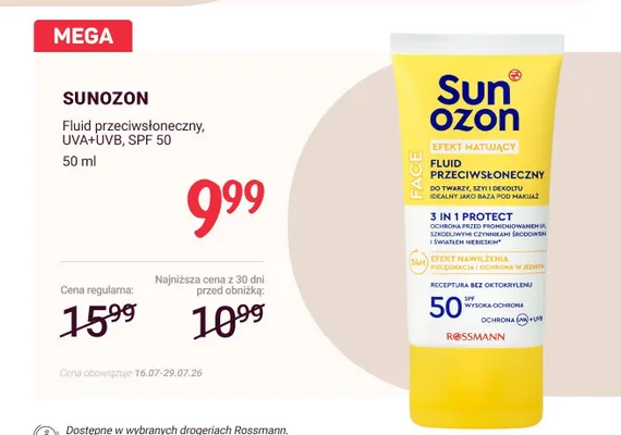 Fluid przeciwsłoneczny Sunozon UVA+UVB SPF 50 promocja w Rossmann