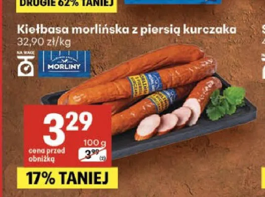 Kiełbasa morlińska z piersią kurczaka Morliny promocja w Delikatesy Centrum