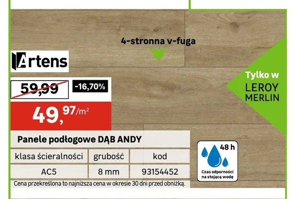 Panele podłogowe Artens Dąb Andy 8 mm AC5 promocja w Leroy Merlin