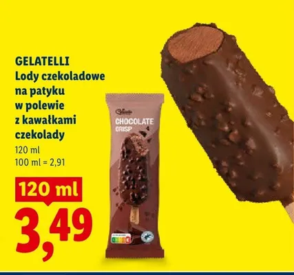 Lody czekoladowe na patyku w polewie z kawałkami czekolady Gelatelli Chocolate Crisp promocja w Lidl