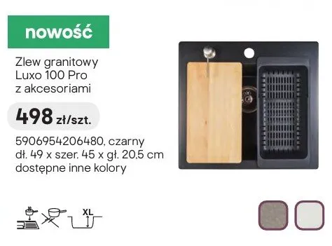 Zlew granitowy Luxo 100 Pro z akcesoriami czarny dł. 49 x szer. 45 x gł. 20,5cm promocja w Castorama