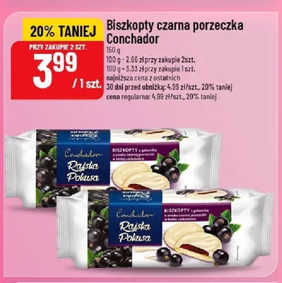 Biszkopty z galaretką o smaku czarnej porzeczki Conchador Rajska Pokusa w czekoladzie promocja w POLOmarket