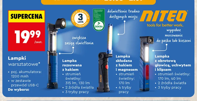 Lampka warsztatowa z obrotową głowicą uchwytem i klipsem Niteo promocja w Biedronka