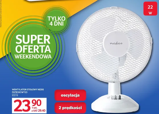 Wentylator stołowy Nedis FNTB10CWT23 oscylacja 2 prędkości 23cm 22W promocja w Selgros