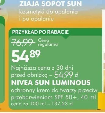 Ochronny krem do twarzy przeciw przebarwieniom SPF 50+ Nivea Sun Luminous promocja w Super-Pharm