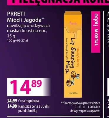 Nawilżająco-odżywcza maska do ust na noc Miód i Jagoda Prreti promocja w Hebe