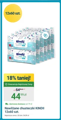 Nawilżane chusteczki dla dzieci Kindii Pure Water 99% 12-pak promocja w ERLI