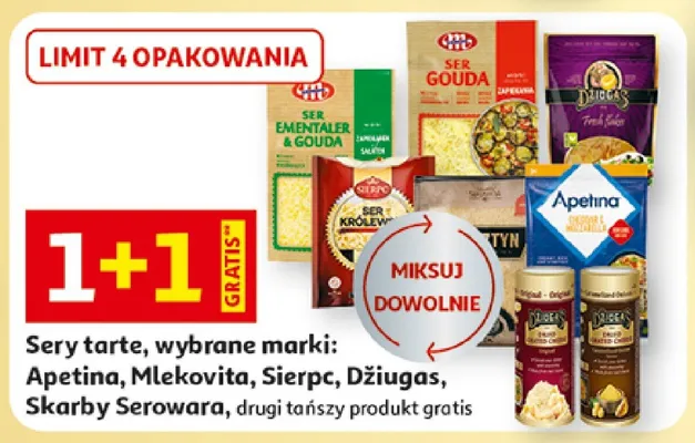 Sery tarte, wybrane marki: Apetina, Mlekovita, Sierpc, Dziugas, Skarby Serowara promocja w Auchan