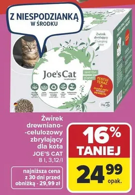 Żwirek drewniano-celulozowy zbrylający dla kota Joe's Cat 8 l, 3.12/l promocja w Carrefour