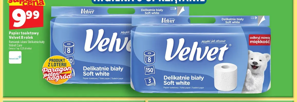 Papier toaletowy Velvet 8 rolek Delikatnie biały promocja w TOPAZ