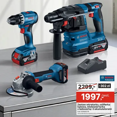 Zestaw wkrętarka, szlifierka kątowa, młotowiertarka z ładowarką i 3 akumulatorami promocja w Leroy Merlin