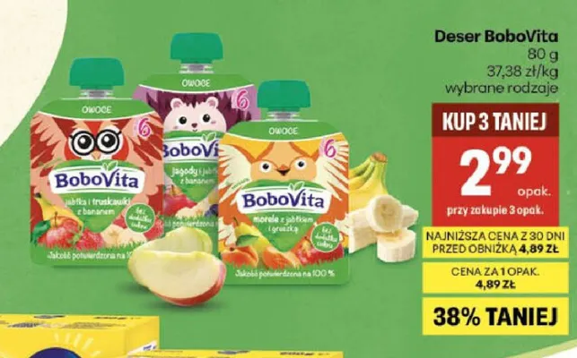 Deser BoboVita jabłko i truskawki z bananem promocja w Delikatesy Centrum