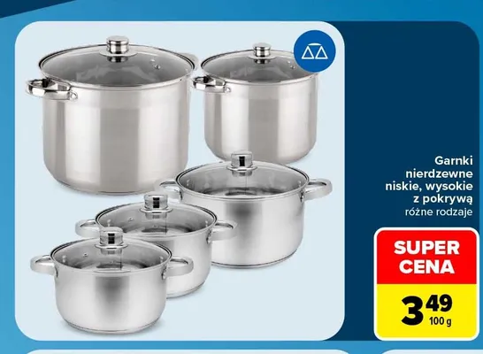 Garnki nierdzewne niskie wysokie z pokrywą promocja w Carrefour