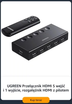 Przełącznik Hdmi Ugreen 5 wejść i 1 wyjście rozgałęźnik Hdmi z pilotem promocja w Amazon