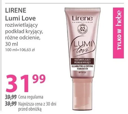 Podkład kryjący LIRENE Lumi Love rozświetlający podkład kryjący różne odcienie promocja w Hebe
