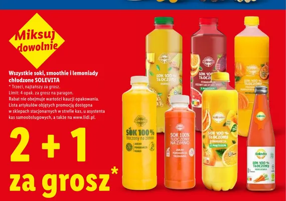 Sok 100% tłoczony na zimno Solevita Jabłko Pomarańcza Truskawka promocja w Lidl
