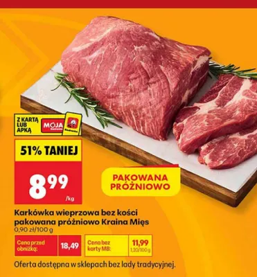 Karkówka wieprzowa bez kości pakowana próżniowo Kraina Mięs promocja w Biedronka