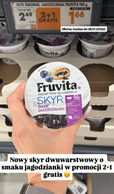 Jogurt typu islandzkiego Skyr dwuwarstwowy Fruvita smak jagodzianki 0% tłuszczu promocja w Biedronka