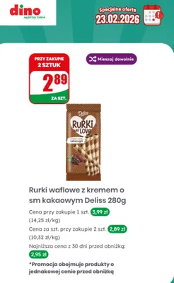 Rurki waflowe z kremem o smaku kakaowym promocja w Dino