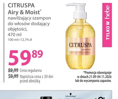 Szampon do włosów nawilżający dodający objętości Airy & Moist Citruspa promocja w Hebe