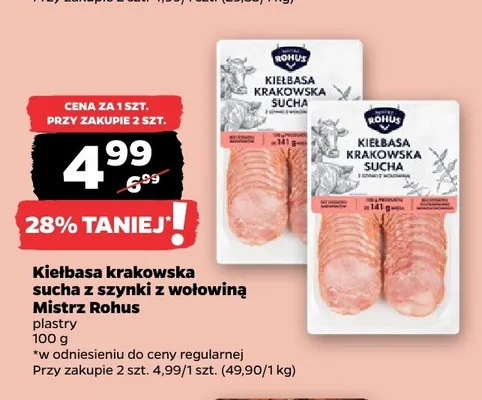 Kiełbasa krakowska sucha z szynki z wołowiną Mistrz Rohus plastry promocja w Netto