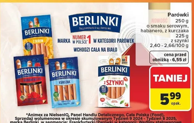 Parówki różne rodzaje o smaku serowym, habanero, z kurczaka Berlinki promocja w Carrefour