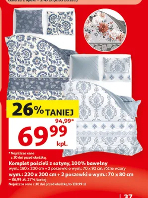 Komplet pościeli z satyny 220x200 cm + 2 poszewki 70x80 cm promocja w Auchan