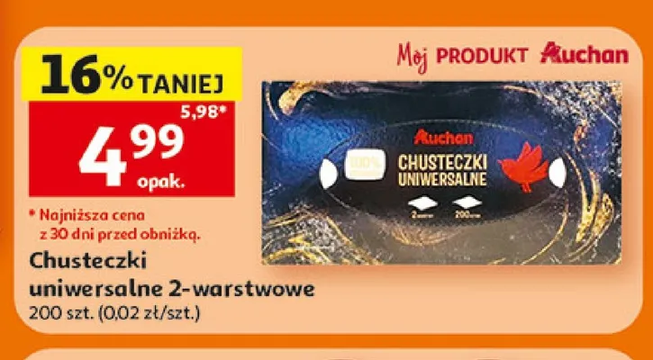 Chusteczki uniwersalne 2-warstwowe Auchan promocja w Auchan