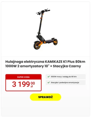 Hulajnoga elektryczna KAMIKAZE K1 Plus 80km 1000W 2 amortyzatory 10" + Stacyjka Czarny promocja w Media Expert