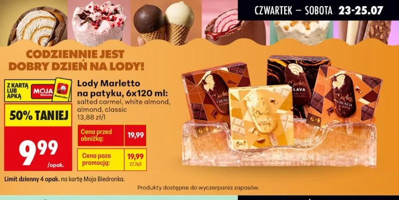 Lody na patyku Marletto 6-pak almond promocja w Biedronka