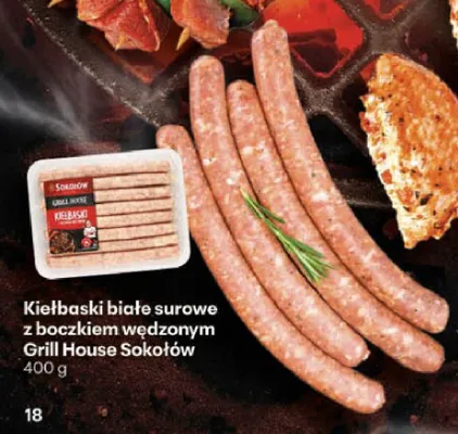 Kiełbaski białe surowe z boczkiem wędzonym Sokołów Grill House promocja w Delikatesy Centrum