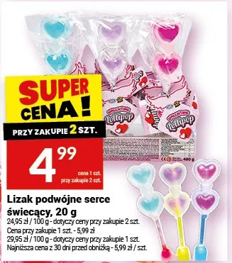Lizak podwójne serce świecący, 20 g promocja w Twój Market