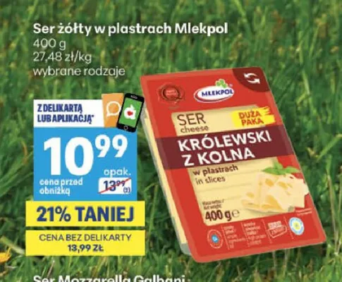 Ser żółty Królewski z Kolna w plastrach Mlekpol promocja w Delikatesy Centrum