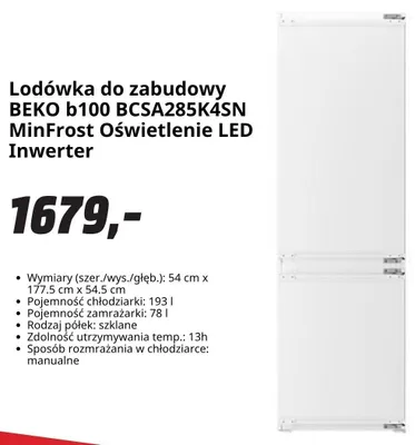 Lodówka do zabudowy BEKO b100 promocja w Media Markt