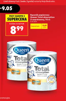 Ręcznik papierowy Queen Total absorption 3-warstwowy 70m promocja w Biedronka