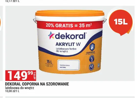 Farba lateksowa Dekoral Odporna na szorowanie Akrylit W promocja w Merkury Market