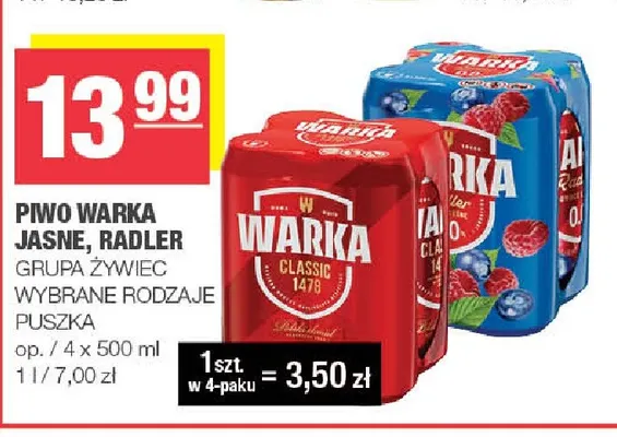 Piwo bezalkoholowe Warka Radler 4-pak promocja w SPAR