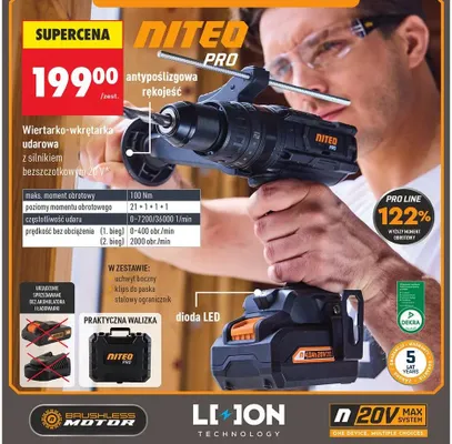 Wiertarko-wkrętarka udarowa z silnikiem bezszczotkowym 20V NITEO PRO promocja w Biedronka