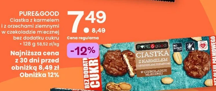 Ciastka z karmelem i orzechami ziemnymi w czekoladzie mlecznej bez dodatku cukru Pure&Good promocja w Frisco