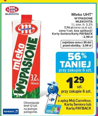 Mleko UHT wypasione 3,2% Mlekovita promocja w Carrefour