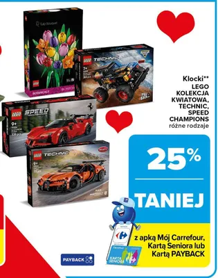 Klocki LEGO kolekcja kwiatowa, technic, speed champions promocja w Carrefour Market