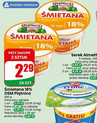Śmietana 18% do zupy Piątnica promocja w Dino
