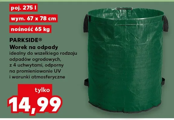 Worek na odpady Parkside® 275l 67x78cm nośność 65kg odporny na promieniowanie UV i warunki atmosferyczne promocja w Kaufland